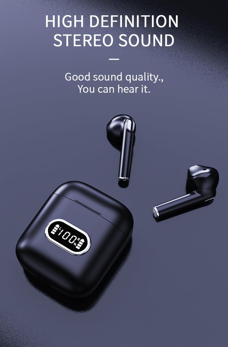 Bluetooth Headphones Wireless Earbuds in Ear Buds, Sports Earphones Deep Bass with Dual LED Power Display Headset, Light-Weight Earbud with Mic for Phone Laptop PC TV Running Workout, Black
