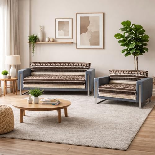 Image of Elegant Woven Brown Sofa Cover - Soft Chenille Traditional Pattern with Lace Style | L-Shape Sectional Seat Protector for Living Room | Durable & Stylish Slipcover 3+2 Seater Sofa Cover