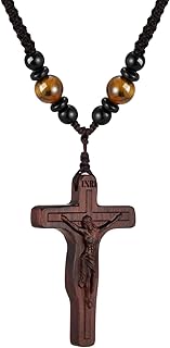 Handmade Wooden Crucifix Cross Necklace with Jesus - Natural Solid Wood Adjustable Braided Rope Cross Necklace for Men Women Religious Jewelry,Catholic Gift for Baptism Confirmation Easter