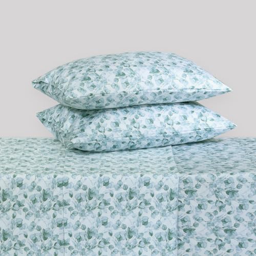 Image of Feather & Stitch Printed 500 TC Split King Size Sheet Set, 5 Piece Bed Sheets Set-2 Twin Fitted Sheet, 1 King Flat Sheet & 2 King Pillowcases, 18 inch Deep Pockets Sateen Weave Bedsheet - Green Leaf