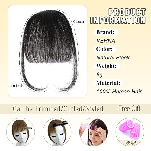 Verna Bangs Hair Clip In Bangs - 100% Real Human Hair Bangs Clip In Hair Extensions, Easy To Use Fake Bangs Natural Clip On Bangs Black See-Through Thin Wispy Bangs For Daily Wear (1B, Natural Black) #TOP1
