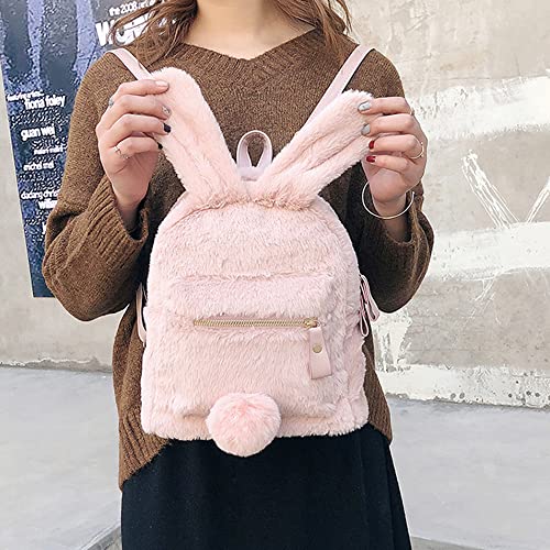 Image of Women Cute Rabbit Ears Backpack Fluffy Shoulder Bag School Bag Satchel