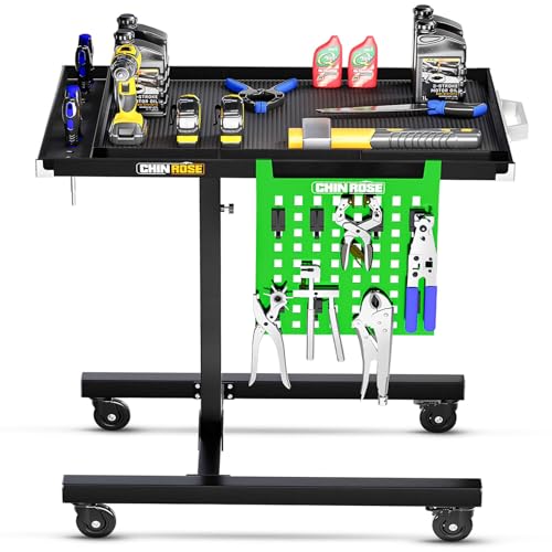 Image of Adjustable Height Mobile Work Table with Rolling Wheels, Rolling Tray Table for Mechanics, Garages, Repair Shops, Warehouse, Workshop, and DIY