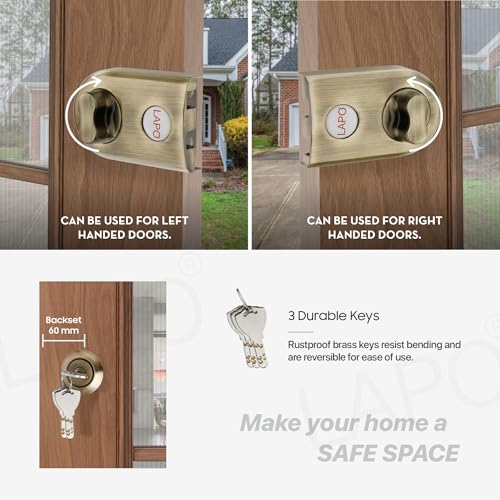 Image of LAPO Jimmy Proof Deadbolt Lock with Side Key and Knob, Heavy Duty Security Lock for Single, Double, Sliding Doors, Reversible Lever Knob for Left and Right Opening Doors, Antique Finish