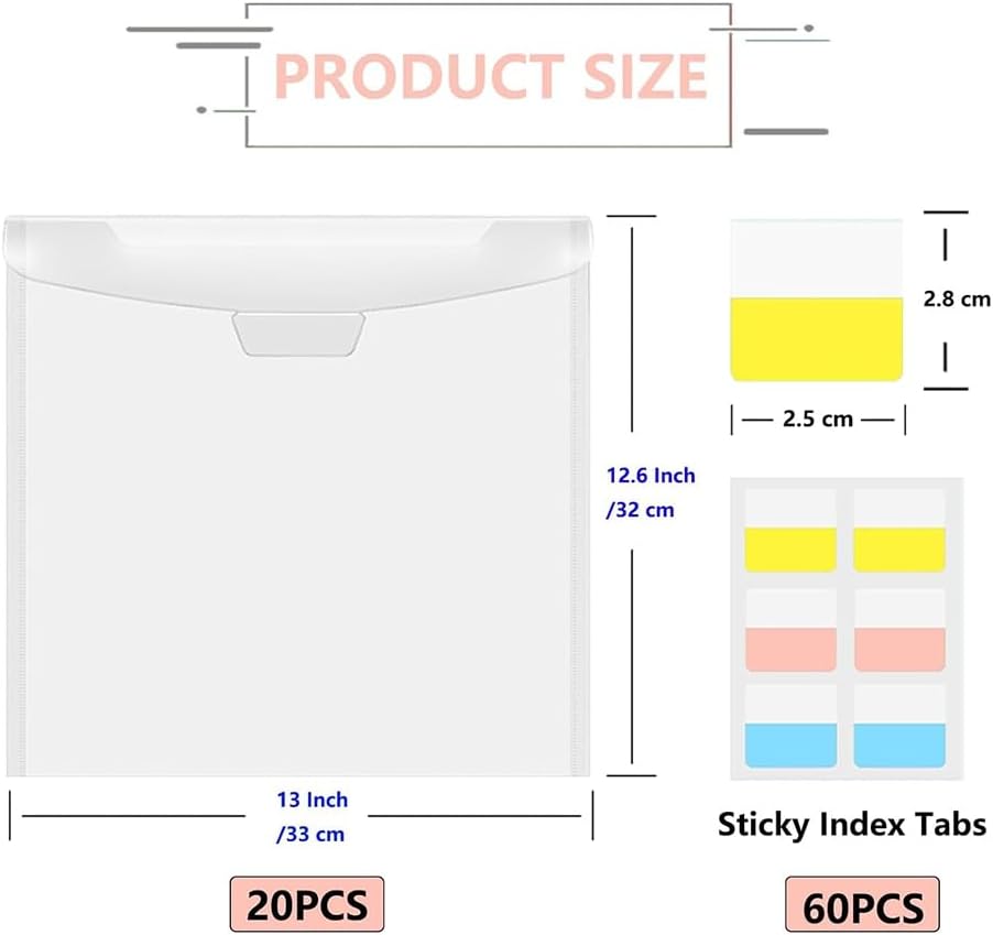 20pcs Transparent Scrapbook Organizer Envelopes Storage Pockets Sleeves for Storing 12x12inch with 60 Pcs Label Stickers