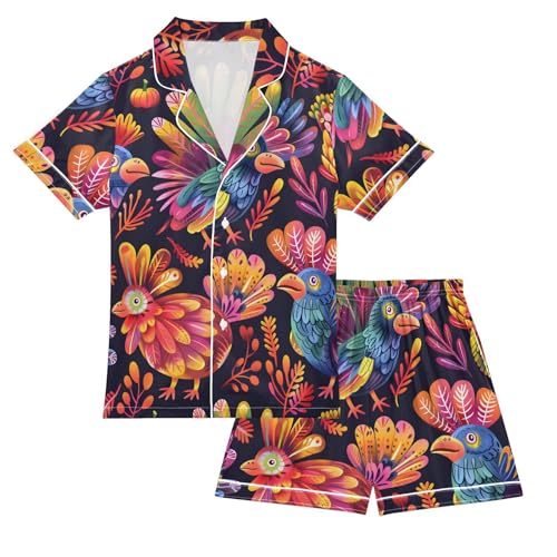 Satin Pajama Sets Short Sleeve Birds Hen Colorful Leaves Button Down Silky Nightwear 2 Piece PJS 5-14Y