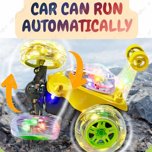 Image of toyco Rechargeable 360 RC Stunt Car for Kids | 5 Modes with Smoke & LED Lights | Dual-Side Rotating Remote Control Car | 2.4GHz Long Range (75+ Ft) | Off-Road Stunt Toy for Boys Girls 3-10 (Yellow)