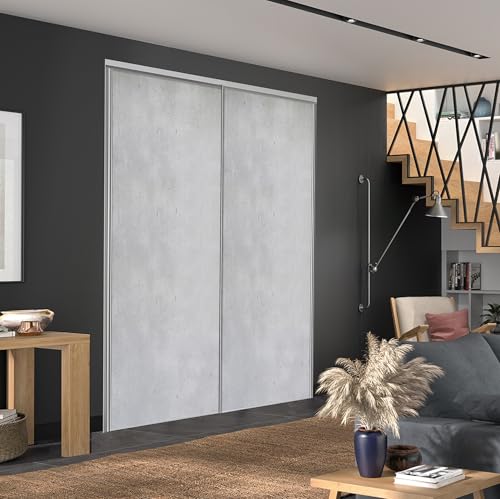 Kit de 2 portes de placard coulissantes pour une hauteur de 250 cm et une largeur totale de 120 cm, décor béton clair, profils et rails gris inclus