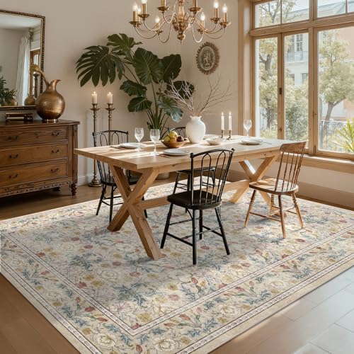 Image of GarveeHome Area Rugs 8x10 for Living Room, Beige Floral Large Washable Rug Soft Non Slip Carpet Indoor Thin Accent Rug for Bedroom Dining Room Playroom Nursery Home Decor