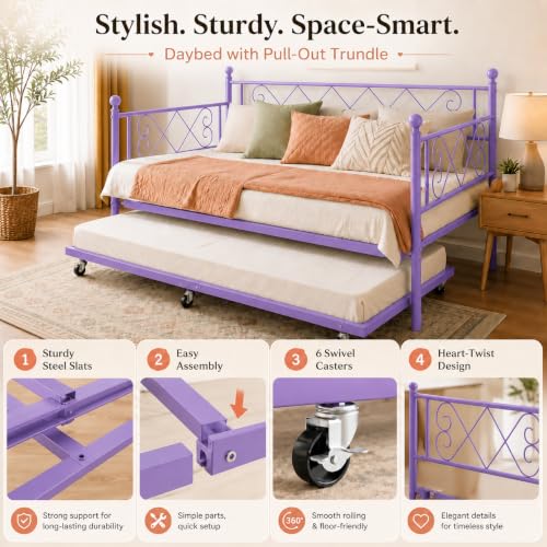 Image of Garvee Daybed with Pull Out Trundle, Metal Sofa Bed Frame with Heart Headboard, Steel Slat Support, No Box Spring Needed, Guest Bed for Bedroom, Living Room,