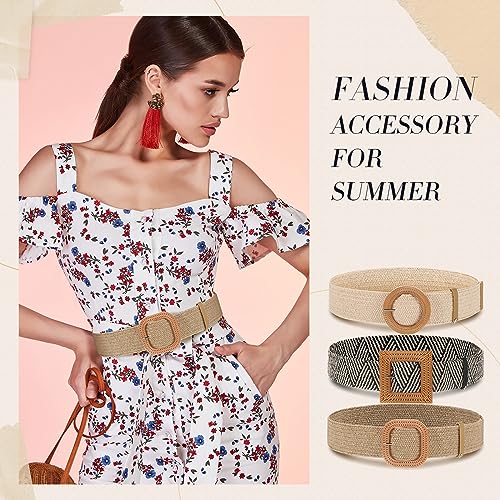 Image of Syhood 3 Pieces Straw Woven Elastic Waist Belt for Women Bohemian Dress Braided Belt