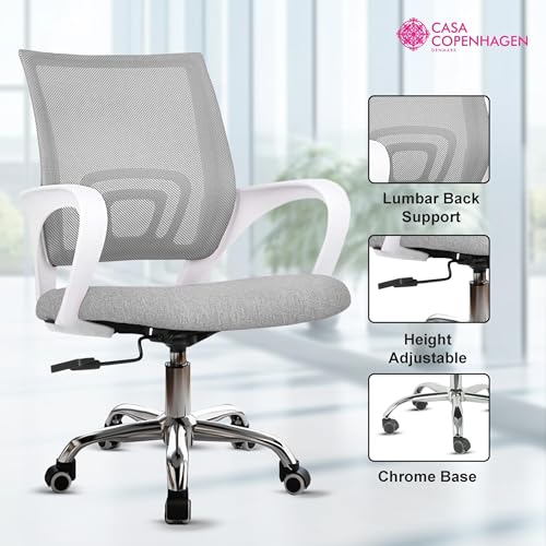 Image of Casa Copenhagen Mesh Mid Back Office /Study /Computer /Revolving /Desk Chair for Work from Home -Metal Base, Height Adjustable Seat - Stone Grey & White Handle