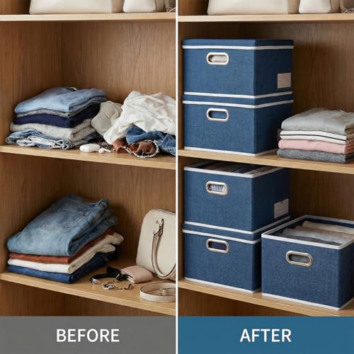 Image of PRANDOM Storage Bins with Lids [3-Pack] Linen Fabric Foldable Storage Boxes Organizer Containers Baskets Cube with Cover for Bedroom Closet Office Royal Blue（11.4X8.6X6.7