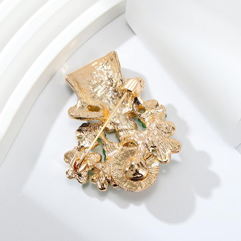 Image of Rhinestone Clover Leaf Brooch Pin, Green Four Leaf Clover Pin Shamrock Lapel Pin, Gold Plated Vintage Crystal Flower Brooches