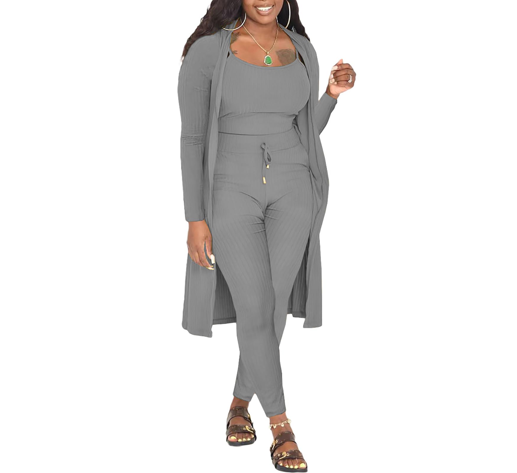 Vssjavun Conjunto de 3 piezas para mujer, acanalado, sin mangas, cárdigan largo, ombliguera, camiseta sin mangas, pantalones cortos, conjunto de sudadera, Gris04, Large