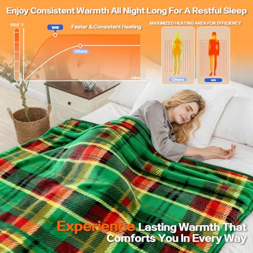 Image of Electric Blanket Heated Throw, Soft Flannel 50 inchx60 inch Plaid Heating Blanket with 8 Hours Auto Off 10 Fast Heating Levels Machine Washable Sherpa Heated Blanket with Overheating Protection