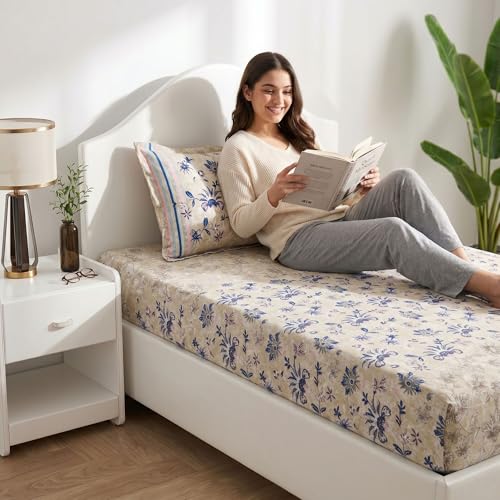 Image of Mafatlal Spring Glory Cotton Single Bedsheet Combo Pack of 2 with Pillow Covers | 180 TC Smooth & Breathable Material | Daily Use Single Bed Sheets | Floral Brown & Modern Blue