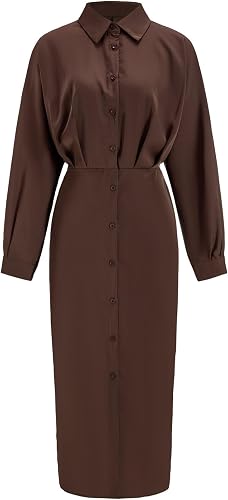winkbay Women's Button Down Shirt Dress Elegant Long Sleeve Collared Midi Office