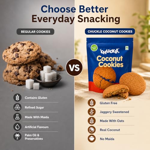 Image of Chuckle Coconut Cookies with Oats | Cookies without Maida & Palm oil | No Refined Sugar Jaggery Sweetened | Gluten Free | With Isabgol & Rolled Oats High Protein | Healthy Snack for Kids & Adults | 200g (4x50g)