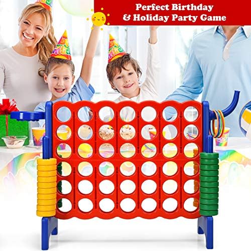 GYMAX Giant 4 in a Row Game, Jumbo Connect 4 Garden Games with 42 Rings, Basketball Hoop, Ring Game & Quick-Release Slider, Outdoor Four in a Row Toys for Kids Adults Family (Blue)