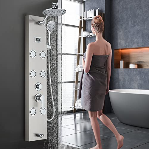 Suguword Duschpaneel Gebürstet Duschset Duschsystem Regendusche Kopfbrause 304 Edelstahl Duschpaneel mit Massagedüsen Wandhalterung Duschsäule Cover