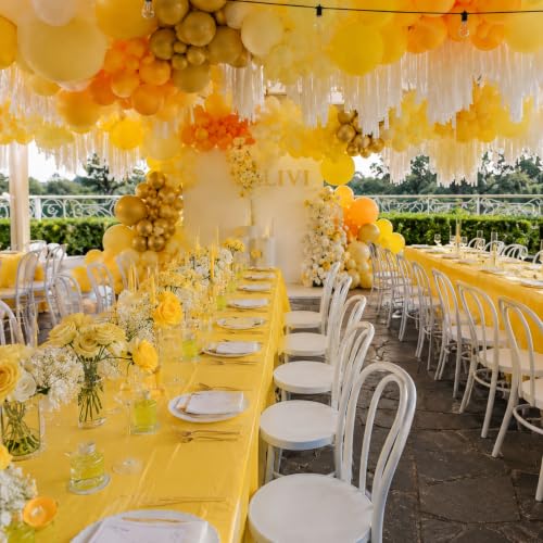 Image of Blue Orchards Yellow Plastic Table Cover (Pack of 3 with 20 Glue dots) - 54 inch x 108 inch - Bright Yellow Waterproof Disposable Tablecloth Decoration, Birthday, Baby Shower, Party Supplies, Wedding