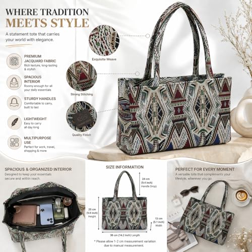 Image of Stylish Buoy Tote Bag for Girls & Women | Sturdy Cotton Blend Jacquard | Double Shoulder Ladies Handbag Purse For Daily & Office,Travel Use | Zip Pocket | Handcrafted