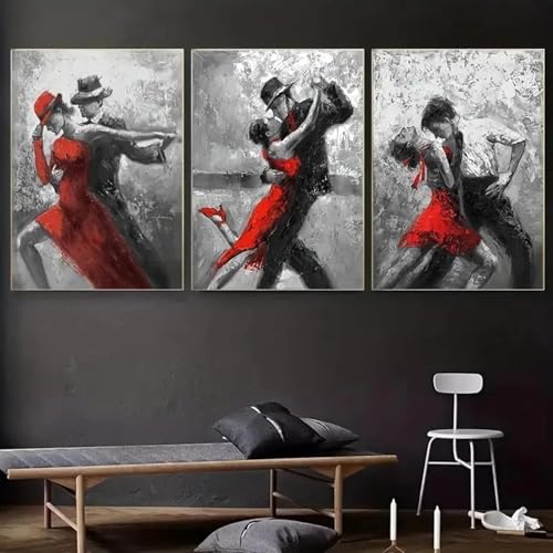 Art mural Danseuse en rouge et noir - Peinture de qualité supérieure en 3 cadres