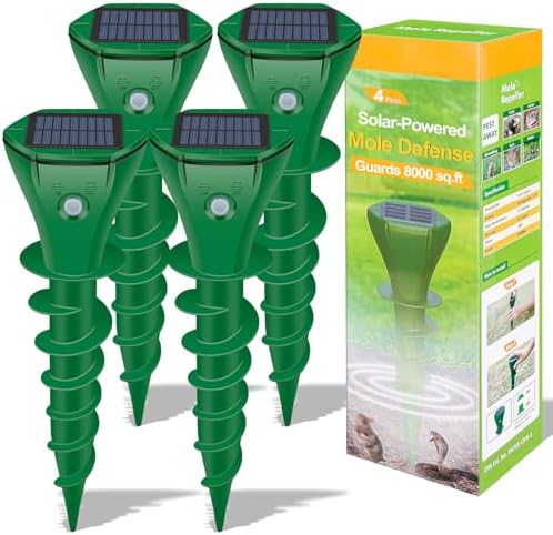 Mole Repellent Solar Powered Ultrasonic,4 Pack Gopher Repellent Outdoor for Lawn Garden Yard,Waterproof Mole Killer Traps,Sonic Spikes Get Rid of All Pests Gopher Vole Groundhog Chipmunk Snake-Green