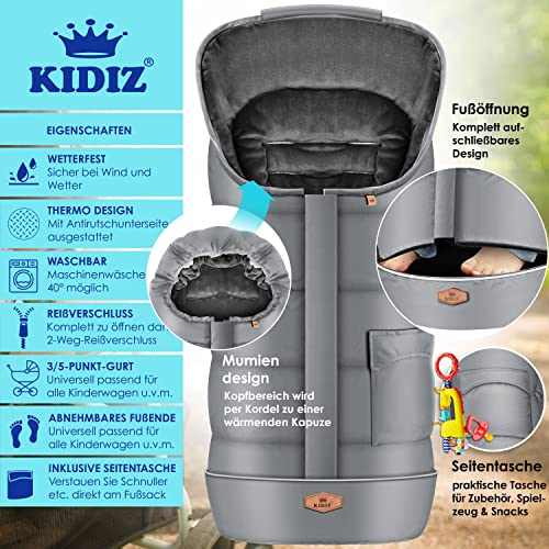 Kidiz® Babyfußsack Baby Fußsack Winterfußsack Babyschale mit Reißverschluss Kuschelsack Babydecke Kinderwagen waschbar Tasche passend für alle Kinderwagen Bett Wärmedecke aus Thermo-Fleece Grau