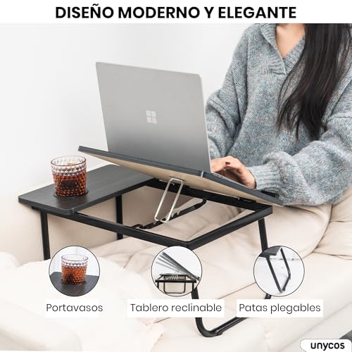 Miniatura 2 de Unycos - Bandeja Para Cama Y Sofá Reclinable, Mesa Plegable De Desayuno Con Portavasos Para Ordenador Portátil Y Libros, Mesita Auxiliar En Mdf Acero Plástico 56x33x23cm 22,04 X12,99 X9,05 Negro