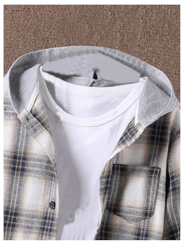 OYOANGLE Boy's Color Block Plaid Button Down Long Sleeve Hooded Shirt Shacket Jacket with Pocket3