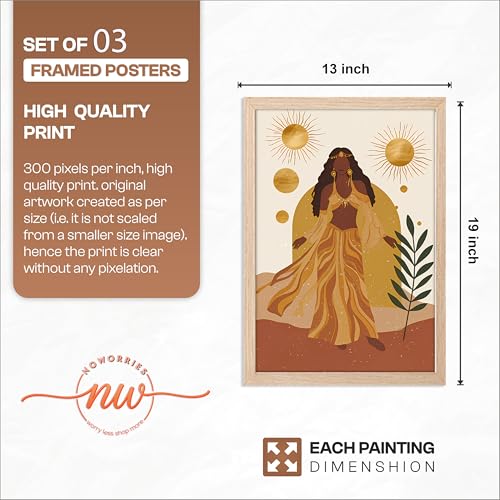 Image of NoWorries Boho Abstract Wall Art Framed Painting Set of 3 | Sun Moon Rainbow Woman Illustration Printswith Frame | Modern Aesthetic Bohemian Wall Decor Frames for Living Room, Bedroom and Office | Neutral Earth Tone Framed Artwork Ready to Hang (Art-3, 13x19inch, Wooden)