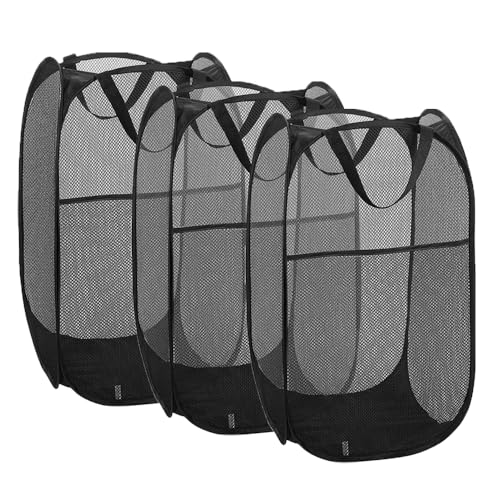 Image of Larpur 3 Pack Pop Up Laundry Hampers, Collapsible Mesh Laundry Baskets, Portable Foldable Clothes Hampers for Dorm, Home, Bedroom, Bathroom, RV Cruise, Black