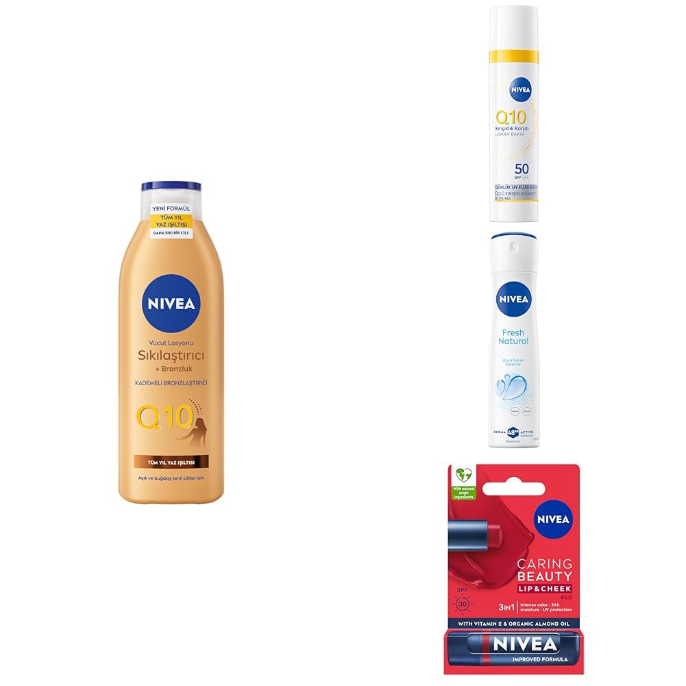 NIVEA Q10 SPF50 Gündüz Yüz Krem 40ml, Sıkılaştırıcı Bronzluk Losyon 250ml,Kırmızı Dudak Kremi ve Deodorant
