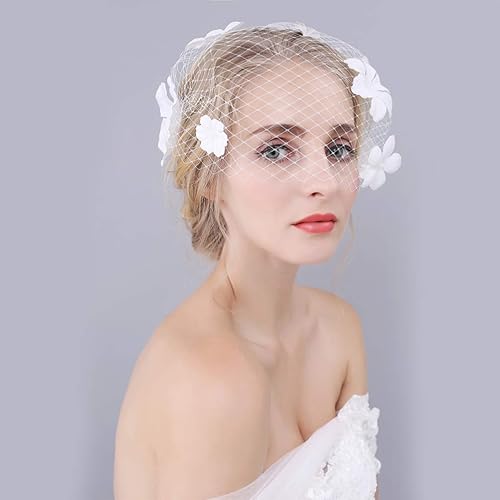Miniatura 4 de Beaupretty Velo de malla para novia con flores, tocado de gasa para boda, velo corto, red de pelo de novia, tocado decorativo para fiesta de té,