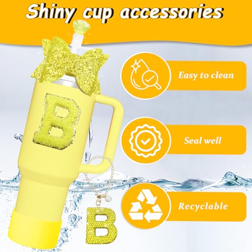 Liangang 7Pcs Yellow Stanley Cup Accessories Set For Stanley Cup 30oz 40oz,Including Letter Charm,Spill Proof Stopper,Diamond Straw,Bow Straw,Sparkly Silicone Boot (Yellow B)