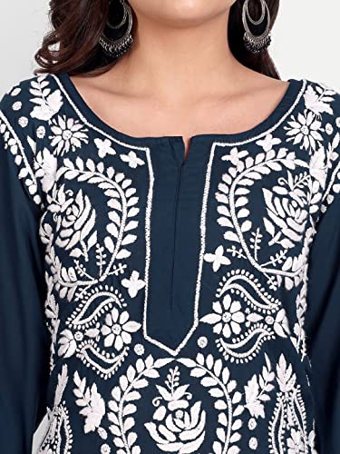 Image of indiankala4u Women's Hand Embroidered Chikankari Kurta for Women | Modal Cotton Straight Kurti | Lucknowi Chikan Work Ethnic Kurta | Full Sleeve Festive Office Wear