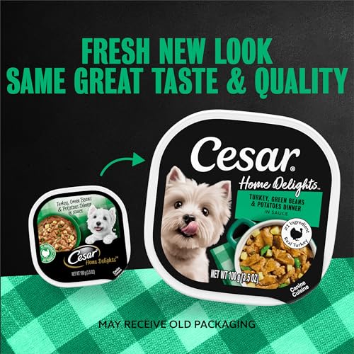 Image of Cesar Home Delights Wet Dog Food, Turkey & Potatoes, 3.5 oz, 24 Count | Real poultry #1 ingredient, 100% complete & balanced, easy to digest, no fillers, no artificial flavors, easy peel trays