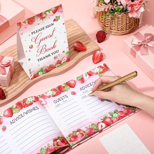 Image of Fuyoooo Strawberry Baby Shower Guest Book Baby Shower Sign in Guest Book Reception with Sonogram Page Keepsake Includes Gold Pen Table Card and Adhesive Photo Corner for Birthday