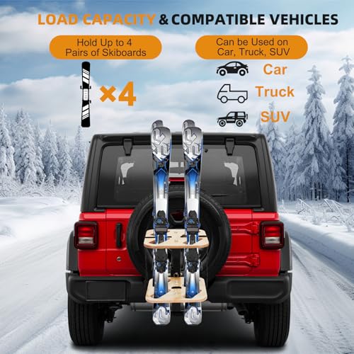 Lightweight Folding Hitch Ski Rack with Wooden Surface, Holds 4 Pairs of Skis, Compact Design with Easy Tilt Access, Fits 2\" Hitch Receiver, Durable and Stylish Ski Accessories for Car