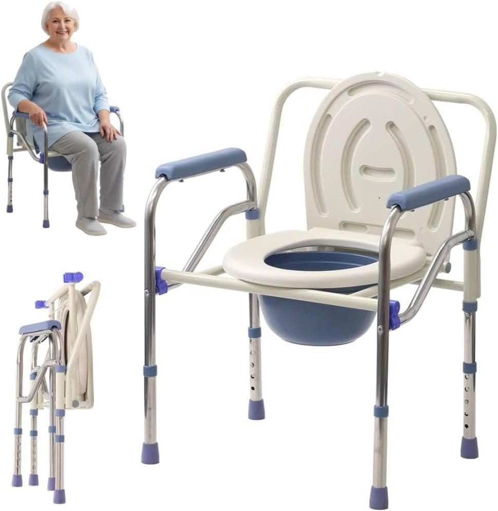 Japard Folding Bedside Commode Toilet for Seniors Adults Portable, Standard Seat, Sturdy Steel Frame, 5.3 QT. Bucket, 330 lbs Weight Capacity,