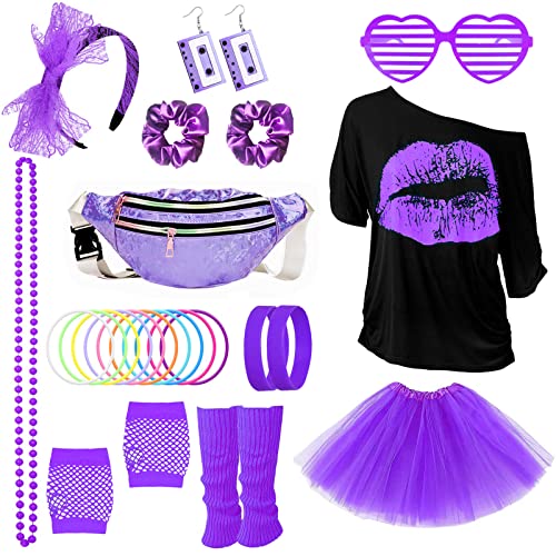 80s Costume Outfits Accessories Set for Women 1980s Fancy Dress Party Kits with T-shirt Tutu Bumbag Headband Earring Necklace Fishnet Gloves Leg Warmers Glasses Bracelet Scrunchies for Women Dress up