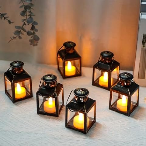 TRIROCKS 6 szt. małych metalowych lampionów, vintage, wiszący dom, latarnia na podgrzewacze, dekoracyjne świeczniki, na stół, walentynki, patio