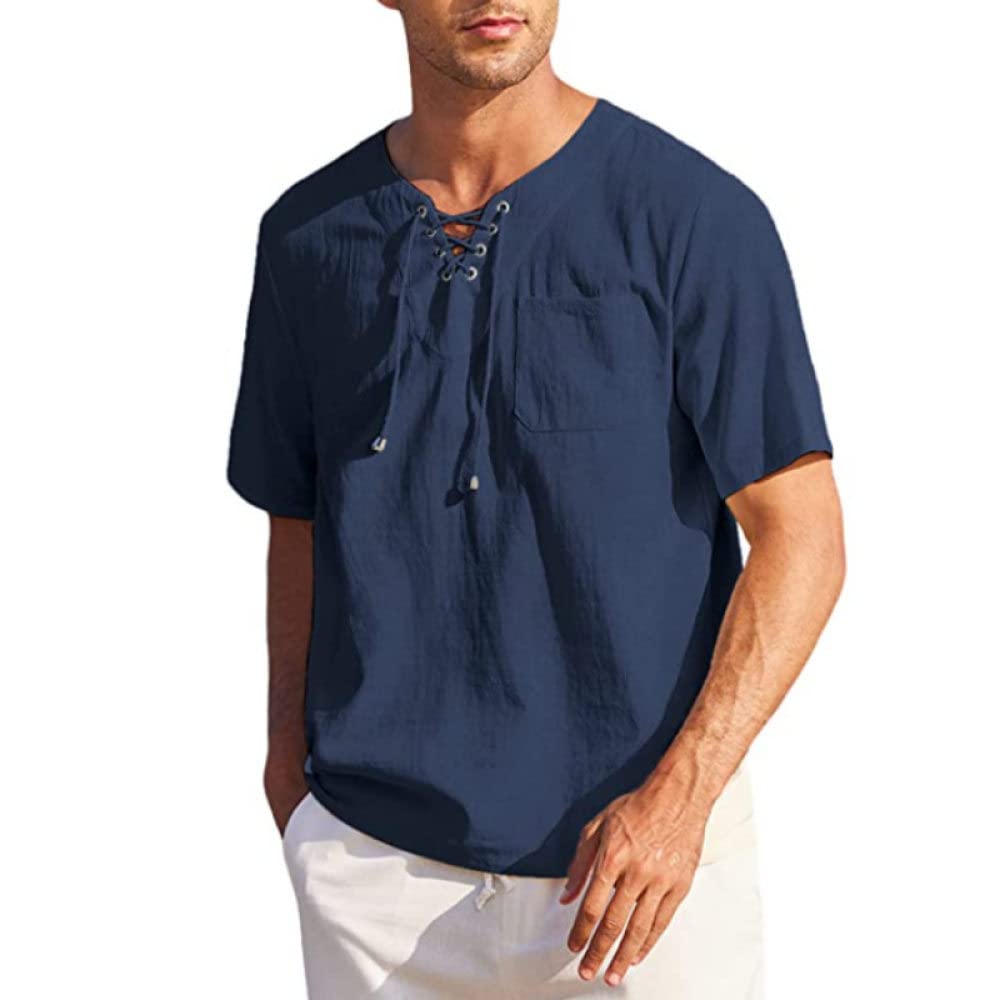 Chemise hawaïenne décontractée d'été en coton lin bleu foncé - 3