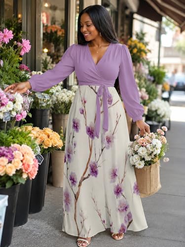 Image of PinkPatty Plus Size Dresses for Curvy Women V Neck Flowy Long Sleeves Wrap Maxi Dress Travel Vacation Outfits
