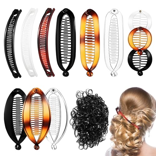 12Pcs Retro Banana Hair Clip Round Fish Ponytail Claw Holder Set French Banana Clincher Double Comb Fishtail Comb Clip with 100 Rubber Bands Fish Shape Hair Slides Suitable for Girls Ladies Work