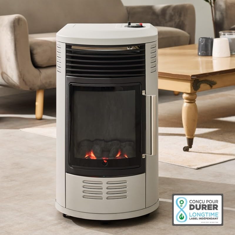 FAVEX - Poêle à gaz infrableu Volga Gris Mât - Chauffage d'appoint à gaz - Intérieur - Infrableu effet feu de cheminée - 6 puissances de chauffe Thermostat - Jusqu'à 40 m² - Gris