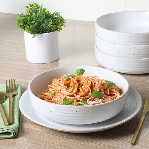 Image of Gibson Home Dinah 16-Piece Matte White Stoneware Dinnerware Set - Double Bowl, Embossed Speckled Design, Durable Kitchen Dinnerware