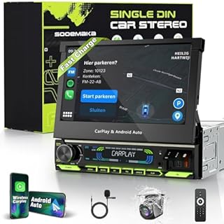 【SOOEMAKA】 Single Din Touchscreen Radio with Wireless CarPlay, 7 inch QLED Android Auto Screen for car,Motorized Flip Out Car Stereo Upgrade Fast Charging(QC/PD 3.0)/AM/FM/DSP/AHD